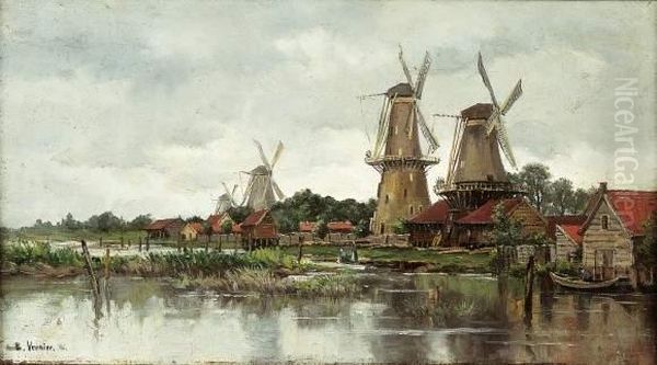 Moulins Pres De Dordrecht Oil Painting by Emile Louis Vernier