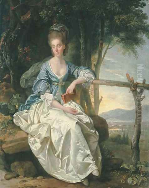 Portrait of Miss Matilda Clevland, small full-length, seated, in a blue and white dress, holding a red book in her left hand, in a Tuscan landscape Oil Painting by Johann Zoffany