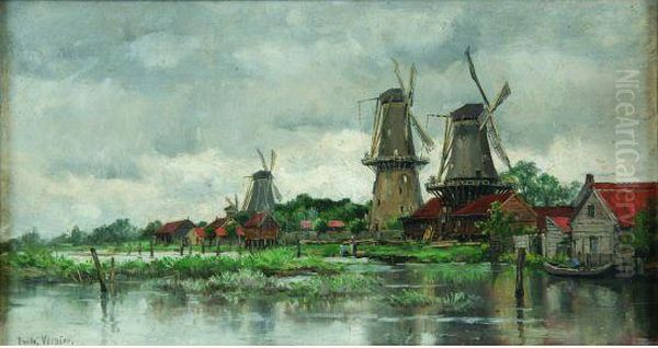  Moulins Et Canaux En Hollande  Oil Painting by Emile Louis Vernier