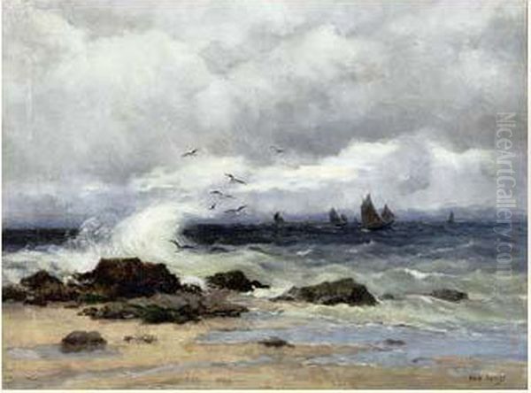 Coup De Vent Sur La Flottille De Peche En Manche Oil Painting by Emile Louis Vernier