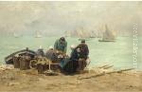 Fisherfolk At Isigny Oil Painting by Emile Louis Vernier