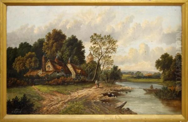 Cottages By A River Oil Painting by William Henry Vernon