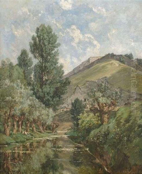 Sommerliches Flusstal Mit Festung Auf Einer Anhohe Oil Painting by Alexandre Rene Veron