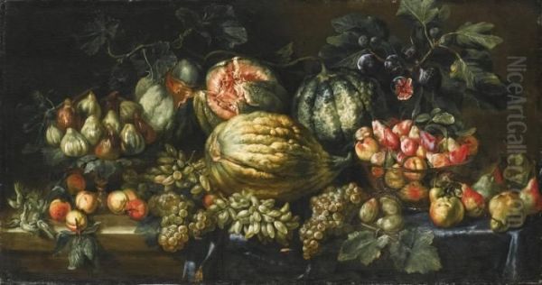 A Still Life With Apples, 
Grapes, Pears, Plums, All On A Partly-draped Ledge With Figs On A Dish 
And Watermelons Oil Painting by Agostino Verrocchi