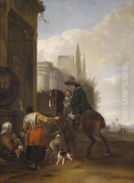 A Horseman And His Child Taking A Rest With A Gypsy Family Oil Painting by Hendrick Verschuring