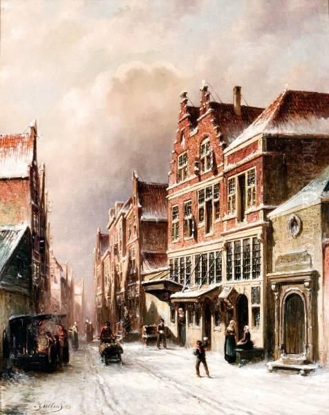 Winters Straatje Met Sneeuwballengooiers En Figuren Bij Een Vuurkorf Oil Painting by Pieter Gerard Vertin