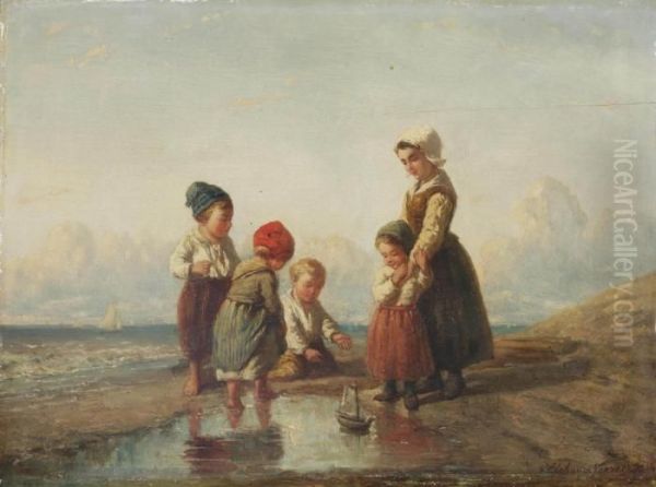 Children Playing With A Boat On The Beach Oil Painting by Elchanon Verveer