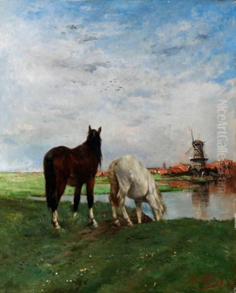 Hollandische Landschaft Mit Zwei Pferden Am Teichufer, Mit Windmuhle Im Hintergrund Oil Painting by Alfred Jacques Verwee