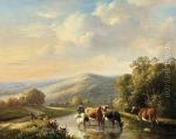 Herder Met Drinkend Vee In Een Zuiders Landschap Oil Painting by Louis Pierre Verwee