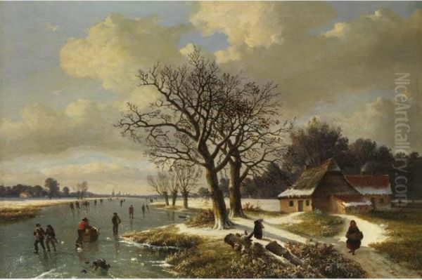 Eisvergnugen In Niederlandischer Polderlandschaft Oil Painting by Louis Pierre Verwee