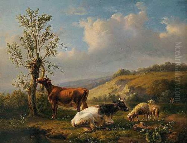 Weidelandschaft Mit Kuhen Und Schafen Oil Painting by Louis Pierre Verwee