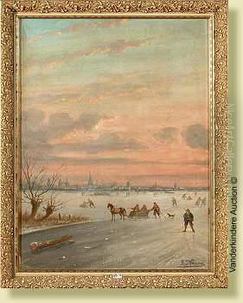 Paysage Enneige Aux Patineurs Oil Painting by Louis Pierre Verwee