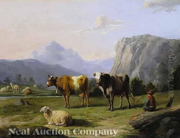 An Alpine Shepherd Amongst His Herd, With A Cow And Steer Oil Painting by Louis Pierre Verwee