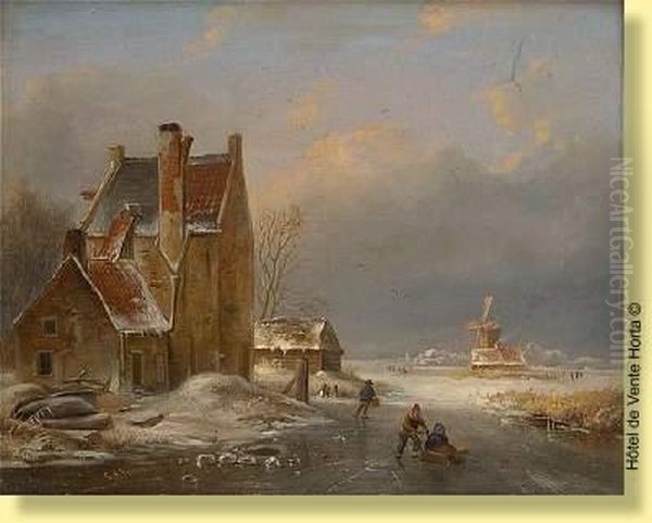 Enfants Et Traineau Sur Un Bras De Mer Gele Oil Painting by Louis Pierre Verwee