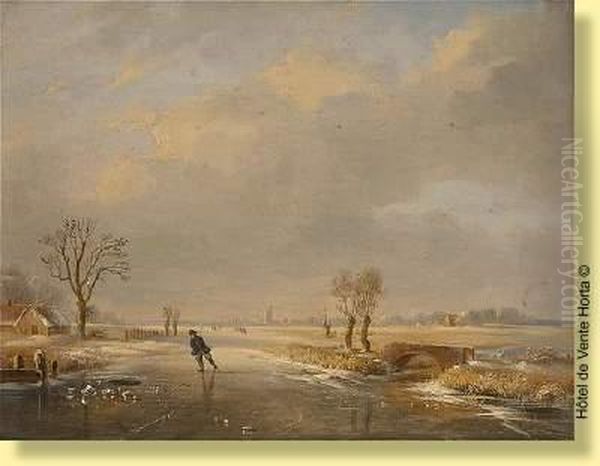 Patineur Sur Un Bras De Mer Gele Oil Painting by Louis Pierre Verwee