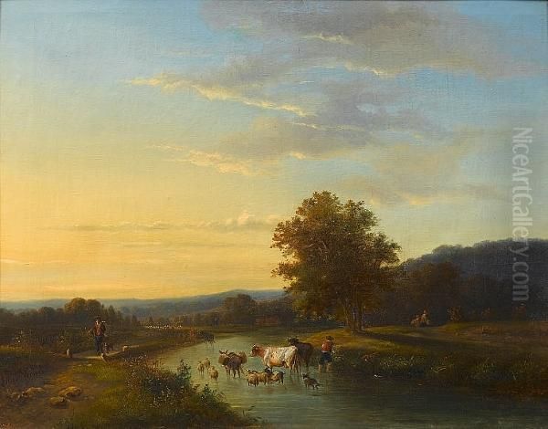 Cattle Crossing A River; Returning From Pasture Oil Painting by Louis Pierre Verwee