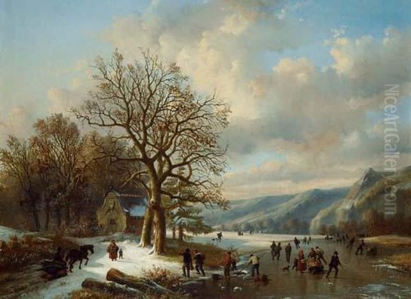 Winterlandschaft Mit Schlittschuhlaufern. Oil Painting by Louis Pierre Verwee