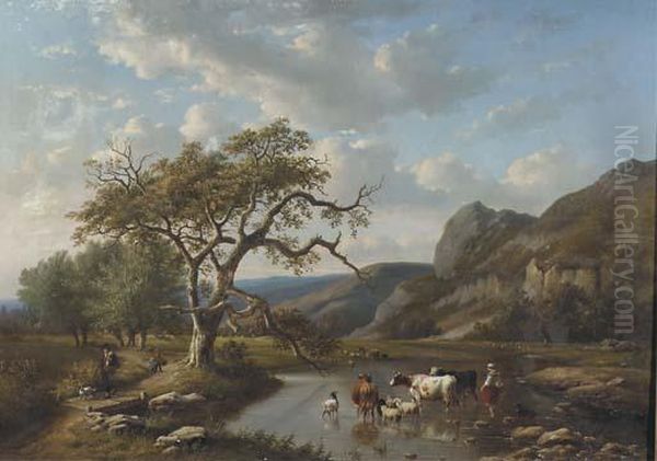 Cattle Crossing A Ford In A Valley With Travellers On A Sandy Tracknearby Oil Painting by Louis Pierre Verwee