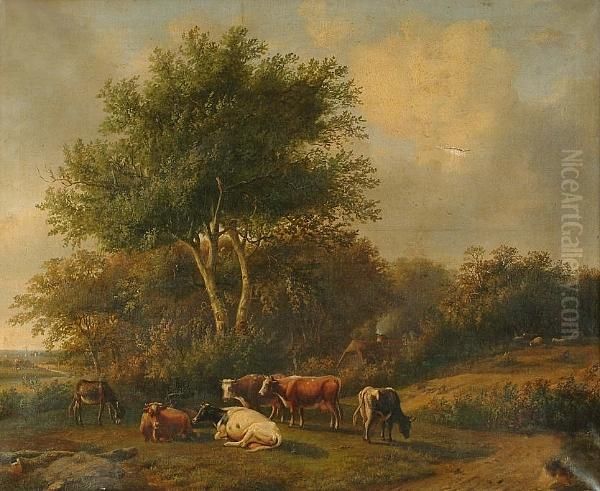 Cattle Grazing In A Wooded Landscape Oil Painting by Louis Pierre Verwee