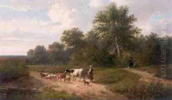 Cattle And Drover On A Country Road Oil Painting by Louis Pierre Verwee