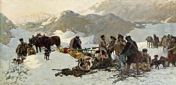 Wildschweinjagd In Den Karpaten Oil Painting by Jaroslav Friedrich Julius Vesin