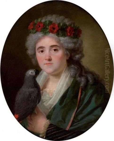 Portrait De Femme Au Perroquet Et A La Couronne De Coquelicot Oil Painting by Antoine Vestier