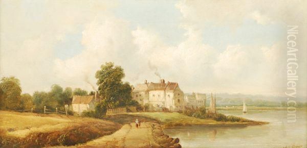 Village Of Purfleet On The Thames Oil Painting by Alfred Vickers