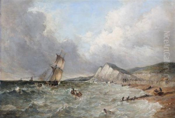 Coastal Scene At Dover With Sailing Ship And Fishing Boats Oil Painting by Alfred Vickers