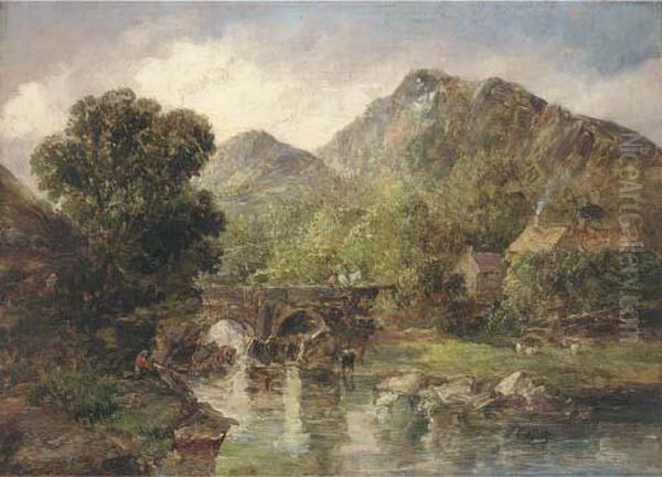 Figures Crossing A Bridge In A Rocky River Landscape Oil Painting by Alfred Vickers