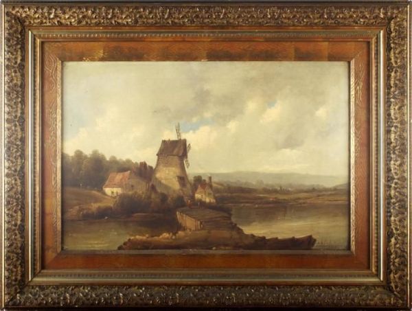 River Landscape With Windmill Oil Painting by A.H. Vickers