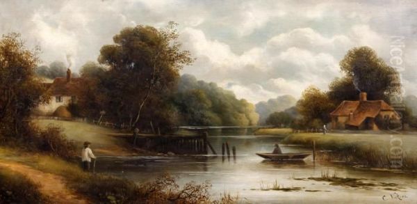 River Landscape With Cottages And Figures Oil Painting by Charles Vickers