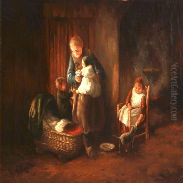 Interior With A Grandfather And Children Oil Painting by Jan Victors