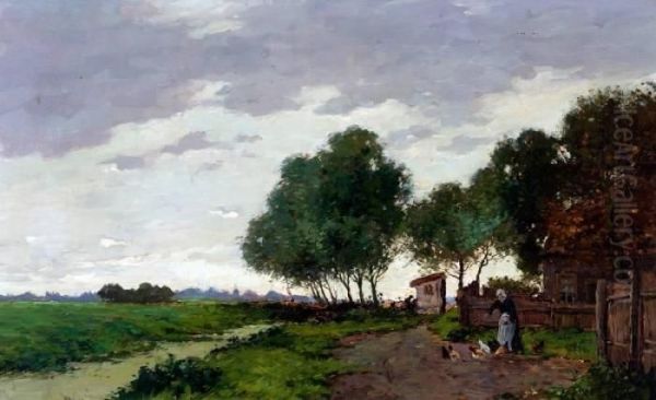 Polderlandschap Met Kippenvoerende Boerin Oil Painting by Bernard, Ben Viegers