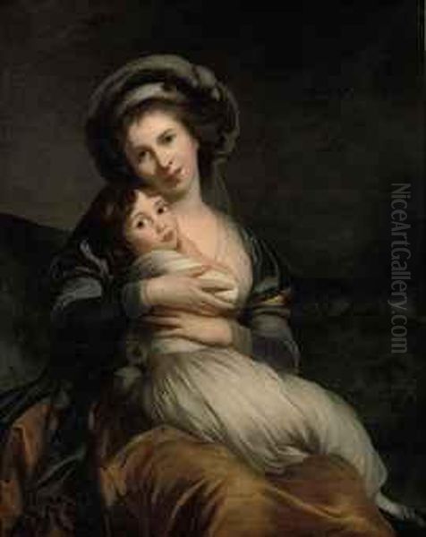 Portrait Of A Lady, 
Three-quarter-length, In A Blue And Yellow Dress Wearing A Grey Turban, 
Seated On A Sofa With Her Child In Her Arms Oil Painting by Elisabeth Vigee-Lebrun