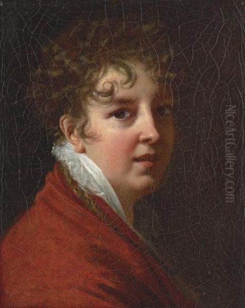 Portrait Of The Artist, Bust-length, In A White Lace Collar And A Red Shawl Oil Painting by Elisabeth Vigee-Lebrun