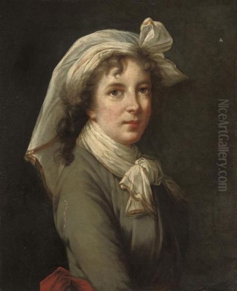 Self-portrait Of The Artist, 
Half-length, In A Blue Dress And Redsash, With A White Headdress Oil Painting by Elisabeth Vigee-Lebrun