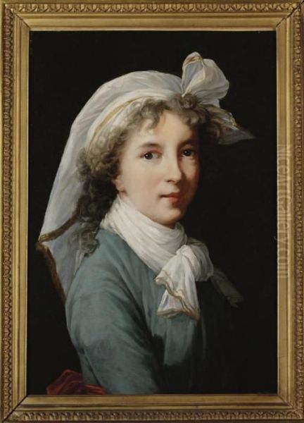 Self-portrait, Half-length, In A Blue Dress And Red Sash, With A White Headdress Oil Painting by Elisabeth Vigee-Lebrun