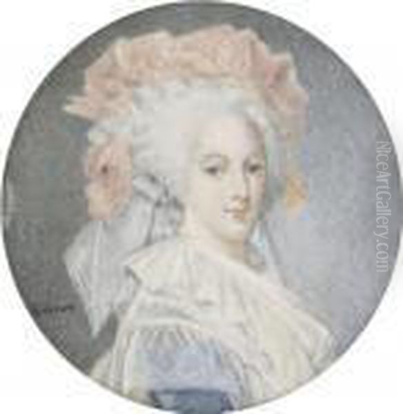 A Lady Believed To Be Queen 
Marie Antoinette In Blue Dress With Large White Sprigged Collar, Wearing
 An Elaborate Pale Orange Headress With Pearls In Her Powdered High 
Piled Hair Oil Painting by Elisabeth Vigee-Lebrun