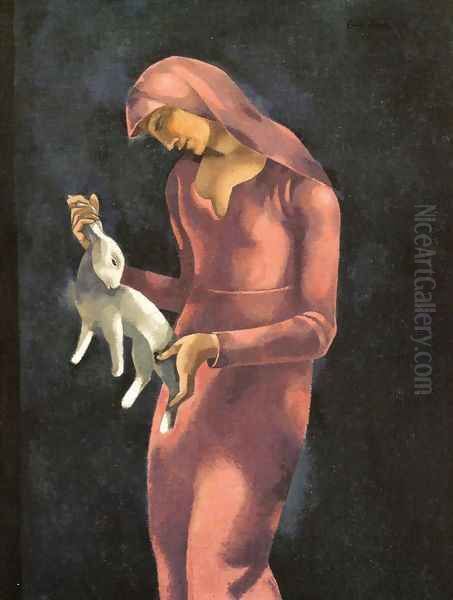 Woman with a Rabbit Oil Painting by Eugene Zak