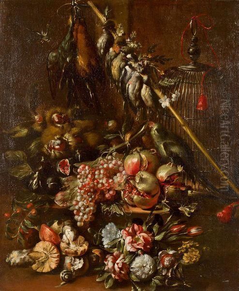 Nature Morte Aux Fleurs, Fruits Et Trophee De Chasse Oil Painting by Giuseppe Vincenzino