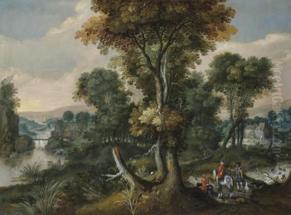 A Wooded River Landscape With Huntsmen At Rest, Villagers Beyond Oil Painting by David Vinckboons