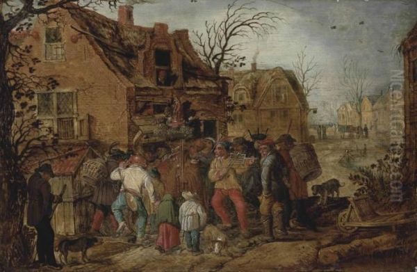 A Village Kermesse With Figures Outside An Inn Oil Painting by David Vinckboons