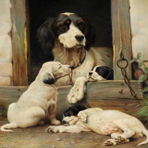 Setter With Three Puppies Oil Painting by Ejnar Vindfelt