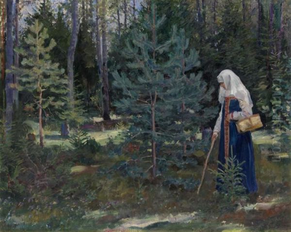 Gathering Mushrooms In The Forest Oil Painting by Sergey Arsenievich Vinogradov