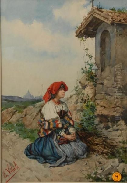 Girl In Landscape Praying At A Shrine Oil Painting by E. Vitali