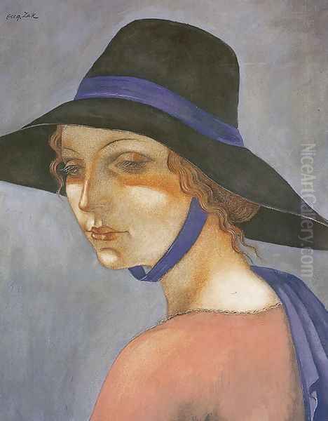 Portrait of a Young Woman in a Hat (Jadwiga Zak) Oil Painting by Eugene Zak