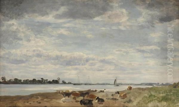 Het Kleine Veer; Cows Resting On The Shore Of The River Ijssel Oil Painting by Floris Verster