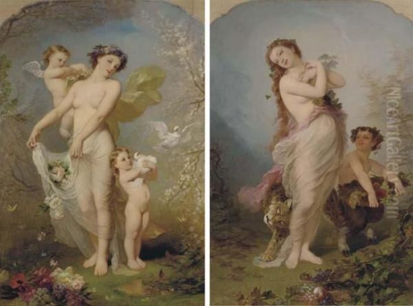 Allegory Of Spring; And Allegory Of Autumn Oil Painting by Andre Charles Voillemot