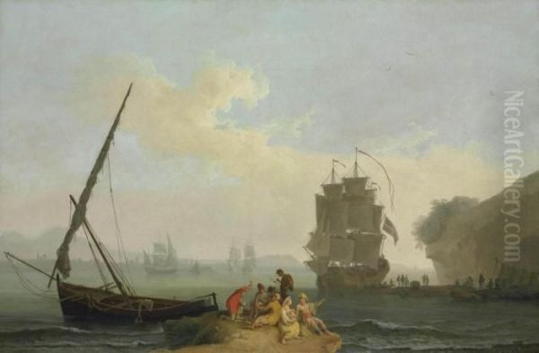 A Mediterranean Bay With Figures Unloading A Man-o'-war Oil Painting by Pierre-Jacques Volaire