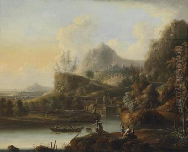 Mountainous River Landscape Oil Painting by Johann Christian Vollerdt or Vollaert